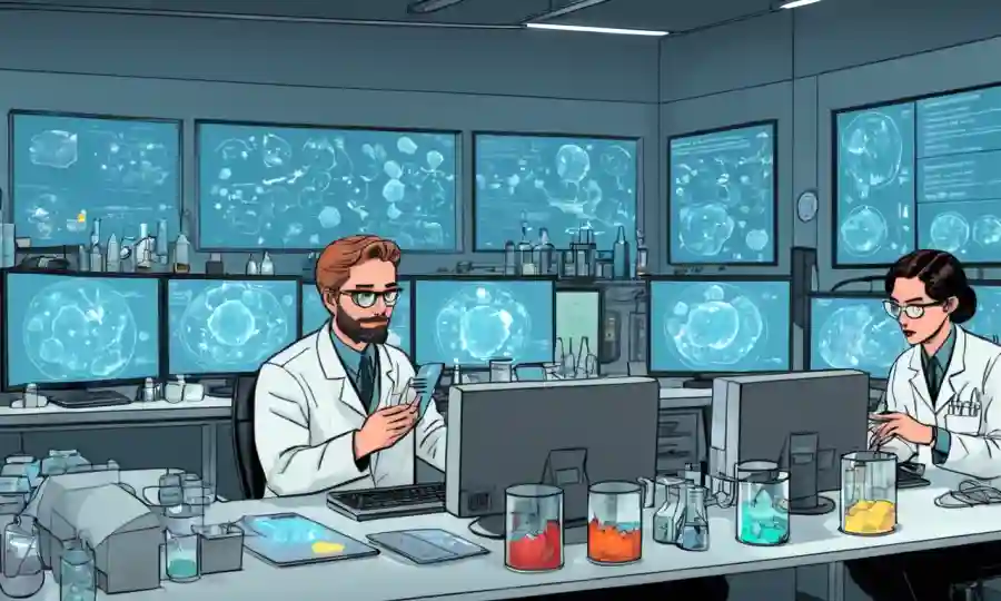 Científicos analizando datos en pantallas de ordenadores en un laboratorio, rodeados de platos y gráficos petri.