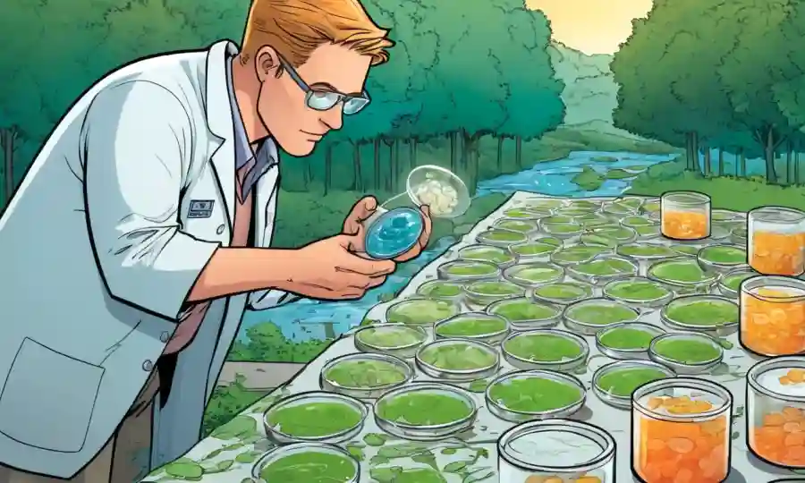 Científico examinando platos petri con culturas bacterianas al aire libre en medio de la naturaleza.