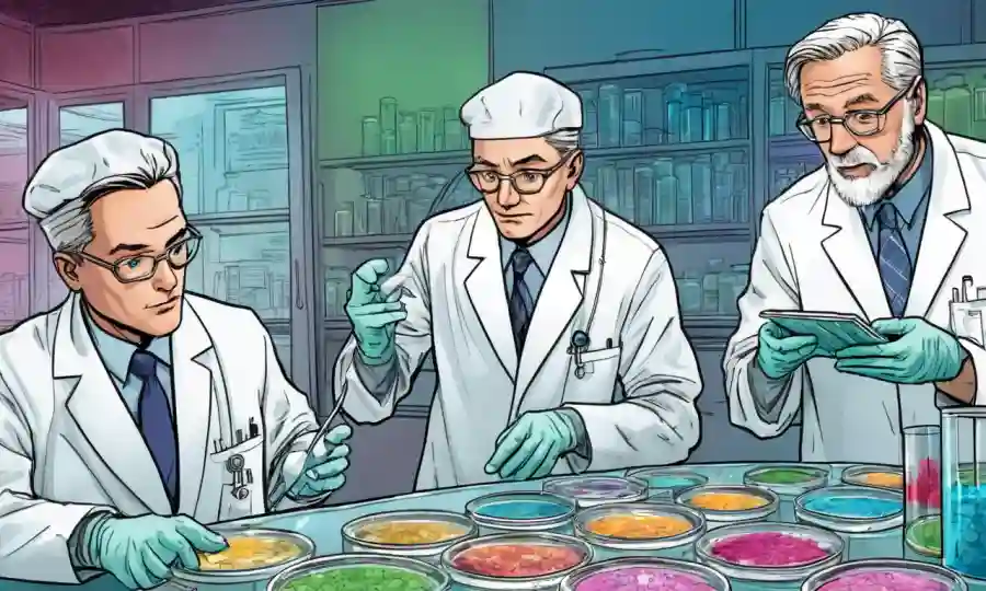 Investigadores científicos que estudian platos petri con microorganismos y tablas de datos.