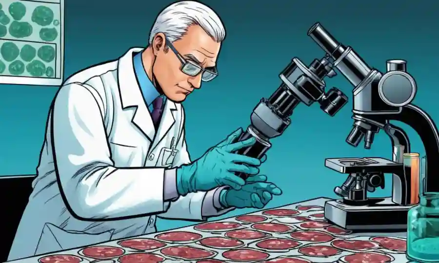 Un científico del laboratorio examina culturas fúngicas en las diapositivas del microscopio.
