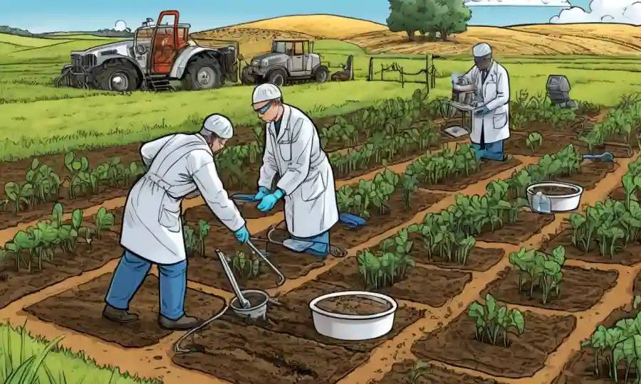 Científicos que estudian microbios en muestras de suelo con campos agrícolas y equipos de laboratorio.