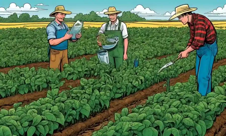Los agricultores que examinan plantas con microorganismos en suelo o campos.