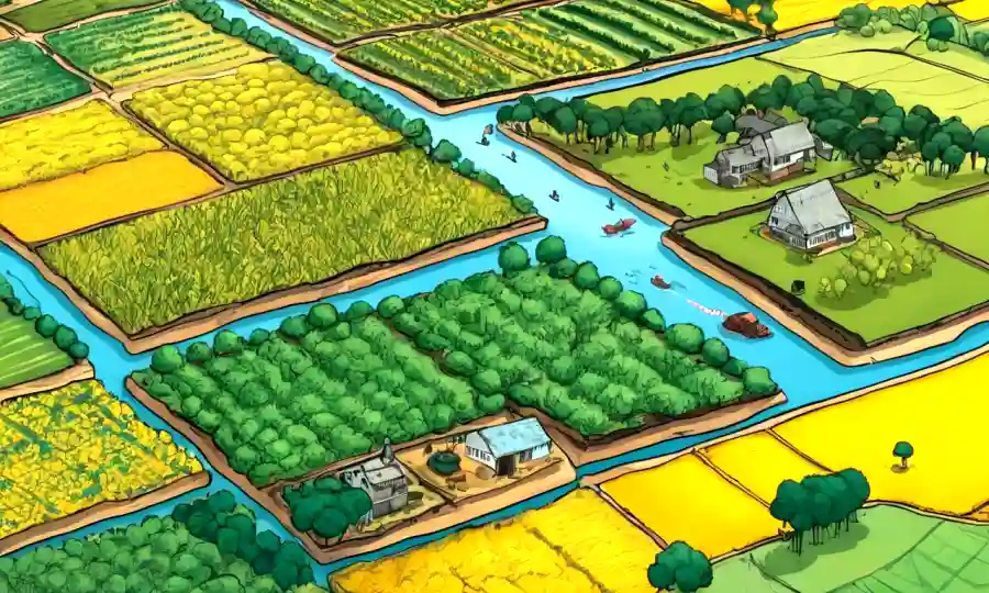 Vista aérea de tierras de cultivo con gráficos y gráficos superpuestos, destacando la gestión endophyte.