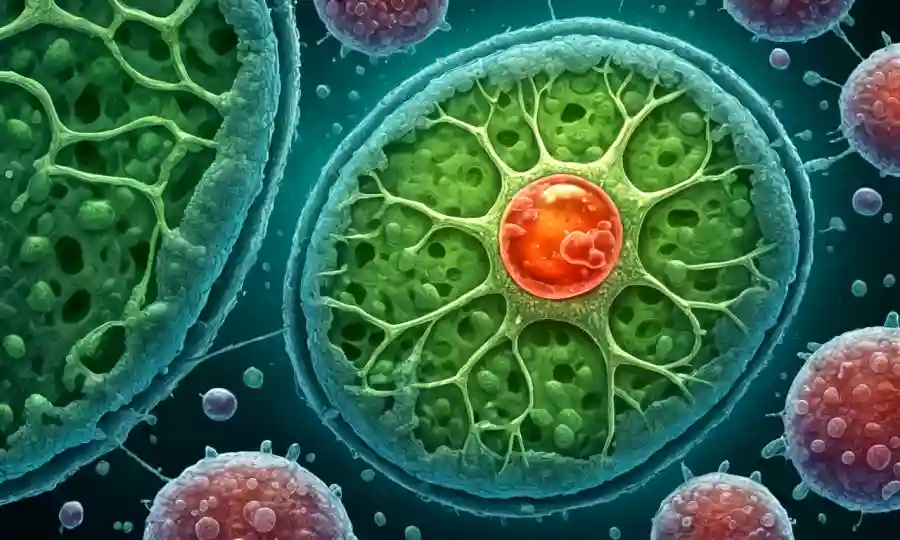Imagen de una célula vegetal magnificada que muestra pequeños microorganismos interactuando entre sí.