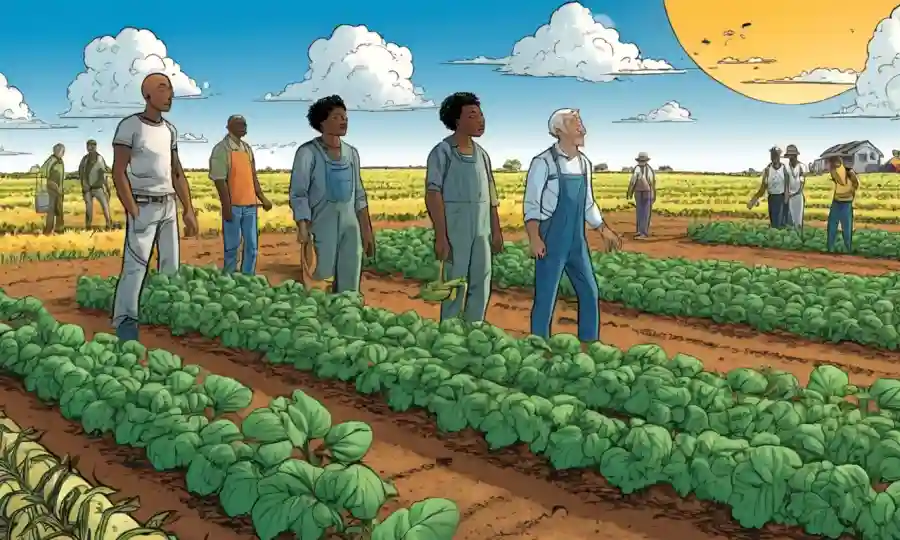 Un grupo diverso de cultivos interactuando con microbios beneficiosos bajo un cielo soleado.