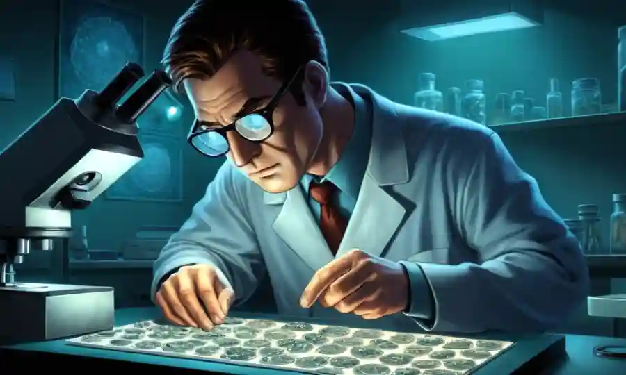 Científico examinando diapositivas de microscopio bajo luz directa para identificar esporas.