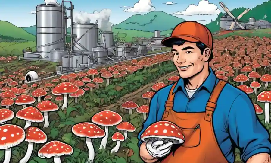 Un trabajador de granja de hongos con hongos con varias aplicaciones de la industria en el fondo.