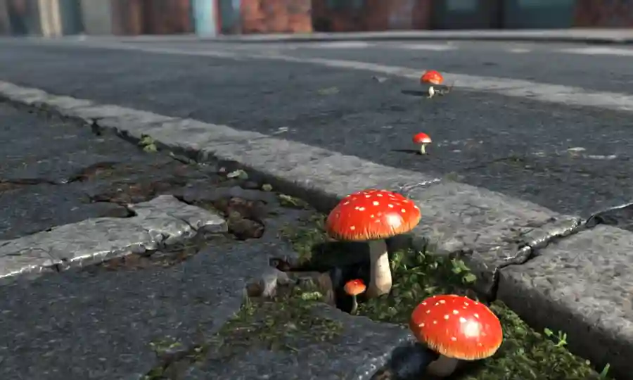 Capas de setas brotando a través de grietas en pavimento de la ciudad en medio del paisaje urbano.