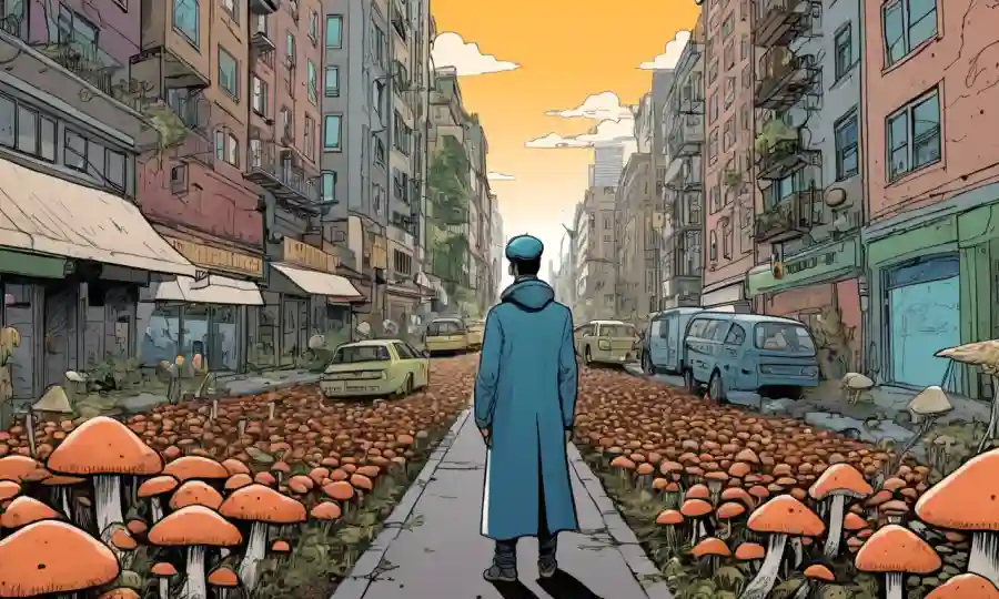 Persona de pie en las calles de la ciudad rodeada de hongos, ilustrando conceptos de diseño sostenible urbano.