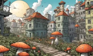 Una escena de paisaje urbano con hongos creciendo en medio de estructuras urbanas.
