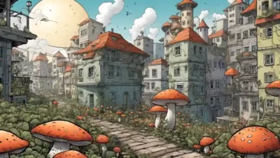 Una escena de paisaje urbano con hongos creciendo en medio de estructuras urbanas.