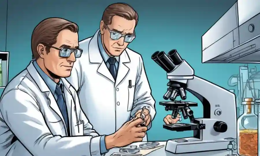 Científicos que estudian diapositivas de microscopio en un laboratorio para investigar nuevas terapias de micosis.