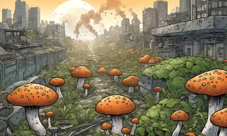 Fungi creciendo en medio de un paisaje urbano contaminado, con células microscópicas involucradas en la fotosíntesis mostrada.