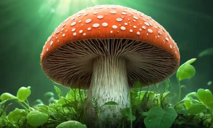 Un organismo parecido a hongos rodeado de moléculas verdes con luz solar brillando en el fondo.