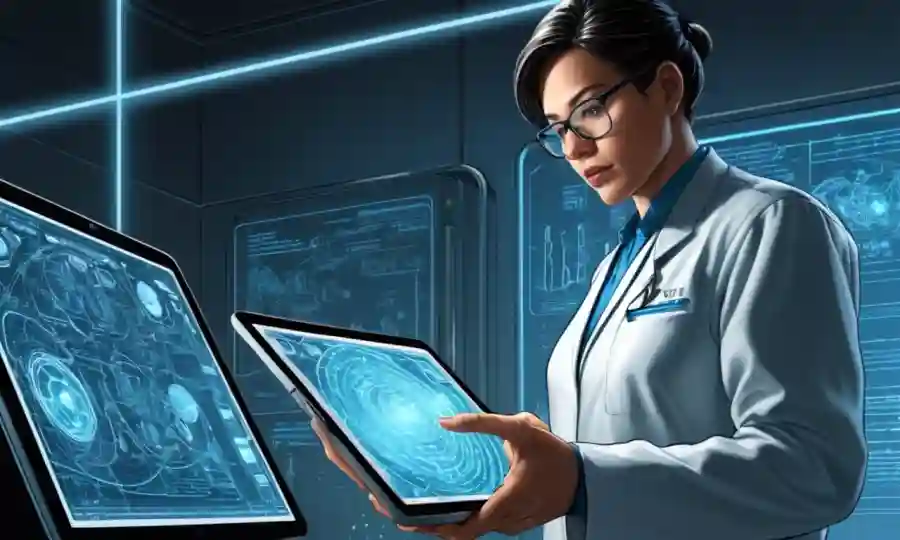 Científico examinando un conjunto de datos de clasificación digital en una tableta, en medio de la tecnología futurista.
