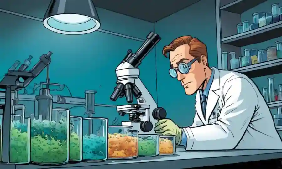 Un científico que examina muestras de hongos en un laboratorio con microscopios.