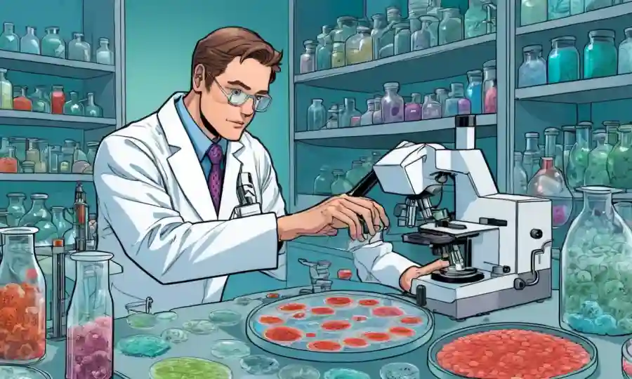 Un científico en un laboratorio rodeado de platos petri, microscopios y muestras fúngicas.