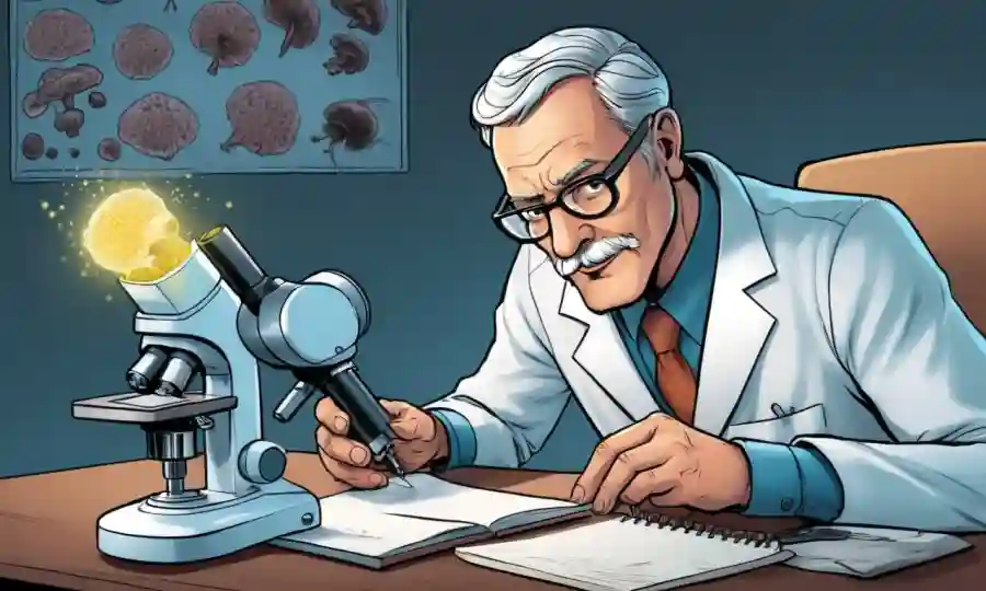Científico estudiando muestras de hongos bajo microscopio con notepad cerca.