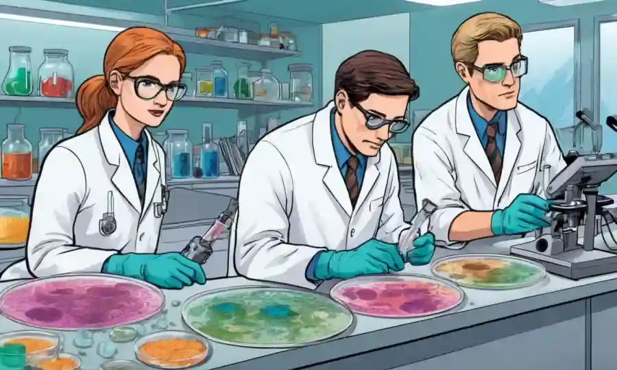 Científicos que estudian hongos en equipo de laboratorio en medio de platos petri y vistas microscópicas.