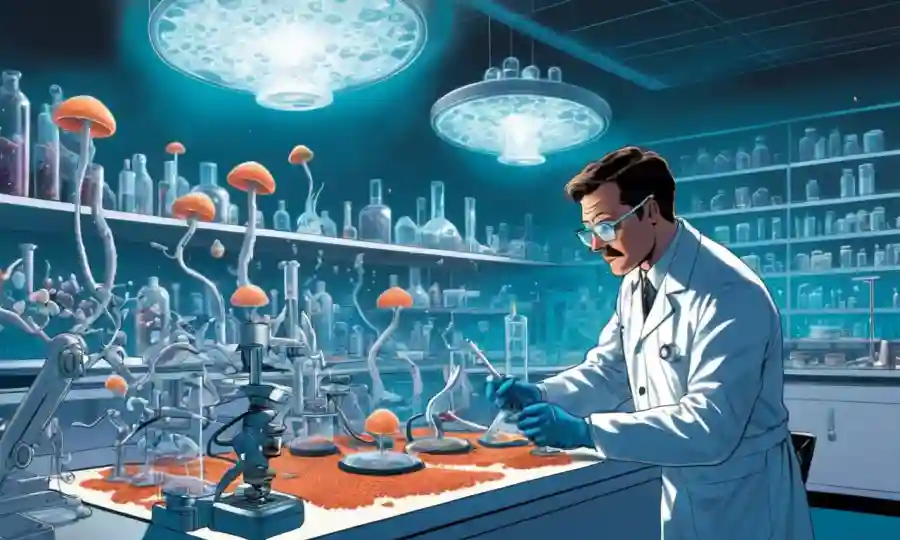 Científicos que estudian muestras de hongos en un entorno de laboratorio, mientras que los modelos moleculares futuristas se desplazan por encima.