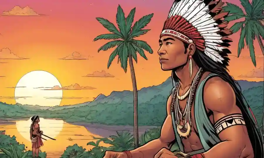Antropólogo observando las culturas indígenas durante el atardecer en armonía con la naturaleza.