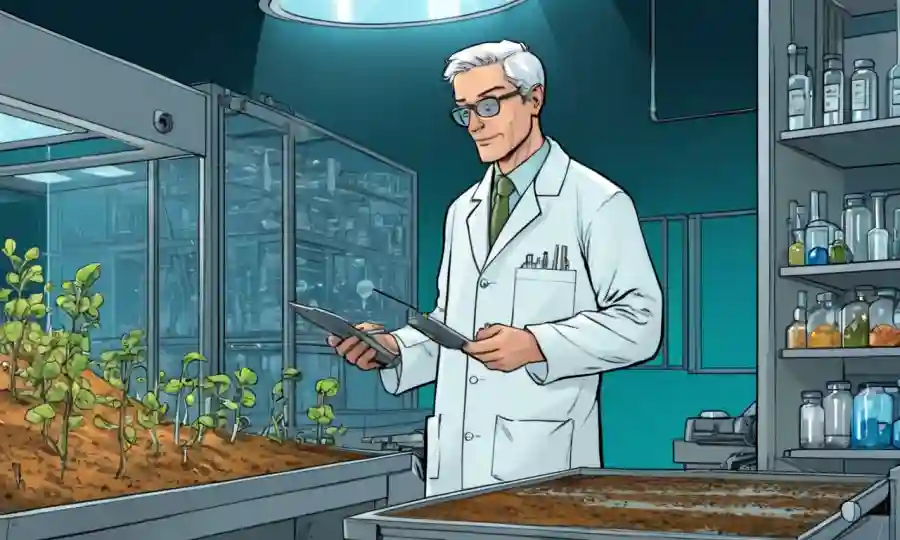 Científico en el laboratorio observando el cultivo de hongos con equipos y gráficos de datos.