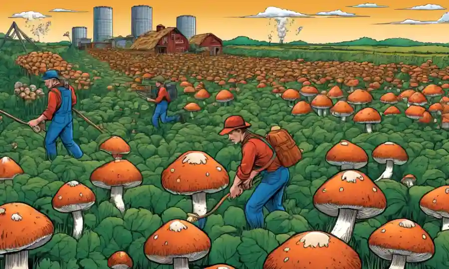 Los agricultores cosechan cultivos de hongos en un ambiente controlado con gráficos de datos y gráficos circundantes.