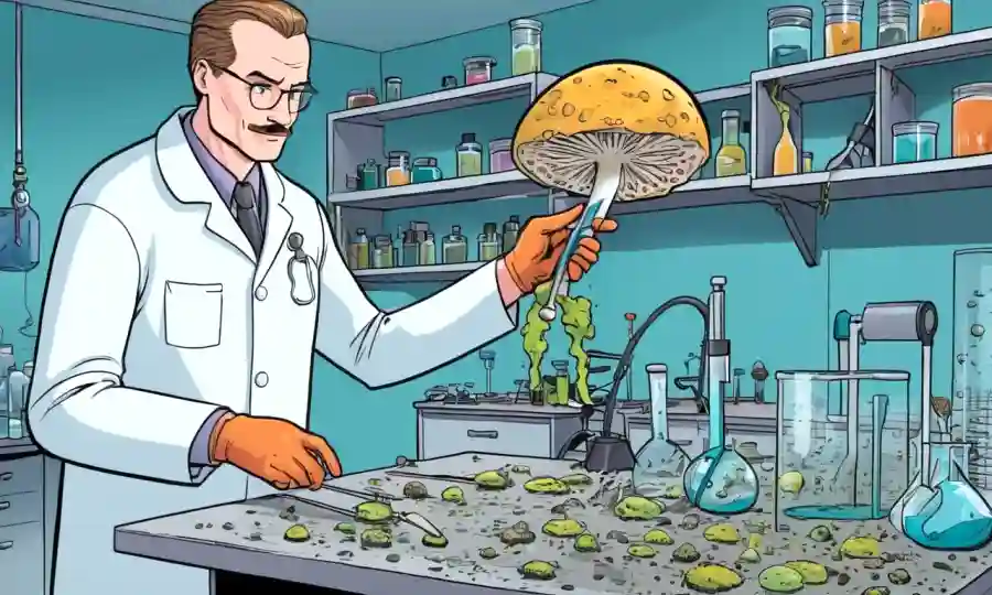 Científico sosteniendo una muestra de hongos en un ambiente de laboratorio con herramientas de medición.