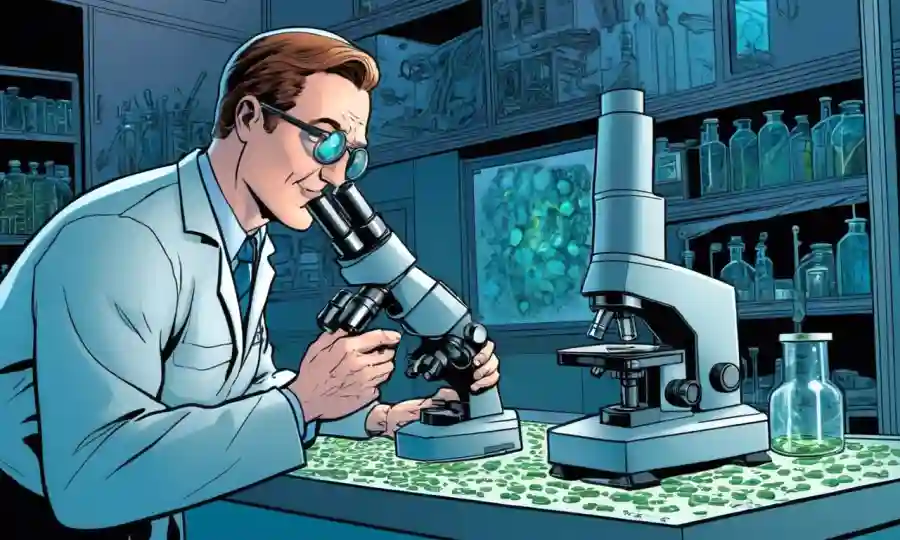 Científico usando un microscopio bajo condiciones controladas de laboratorio.