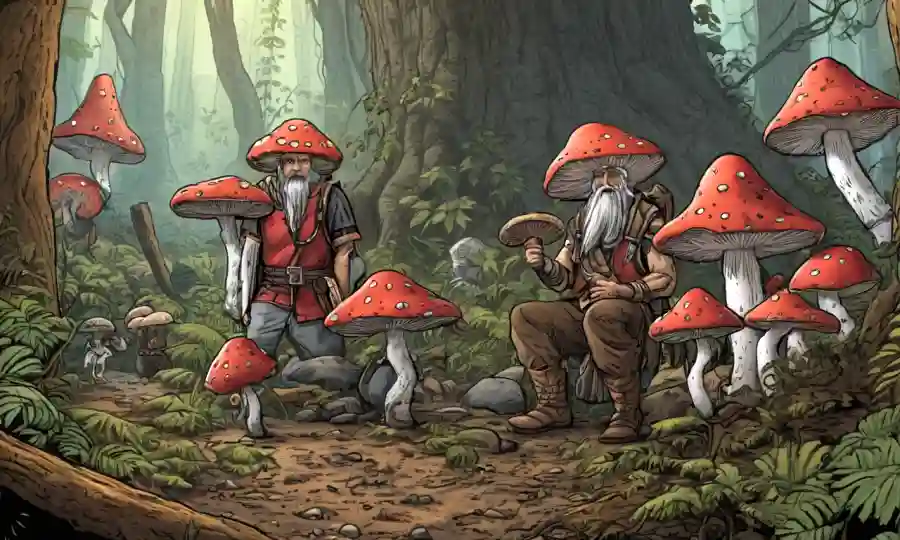 El anciano reuniendo hongos en un bosque rodeado de artefactos indígenas.