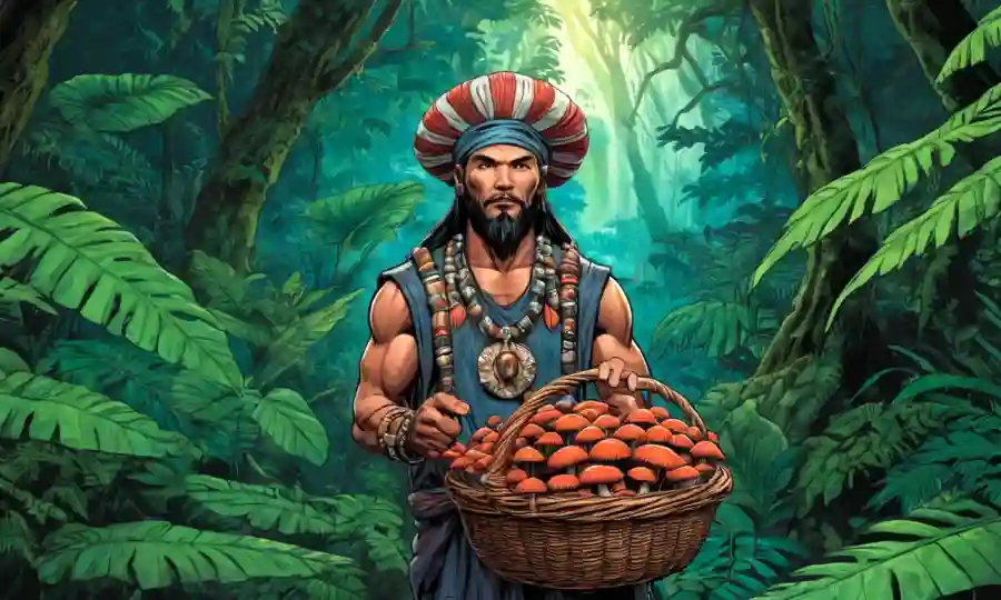 Shaman sosteniendo una canasta de hongos en medio del exuberante follaje de la selva.