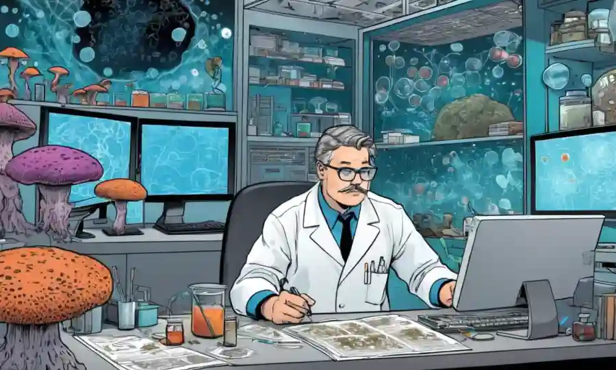 Científico que estudia hongos en un laboratorio, rodeado de mapas de datos y computadoras.