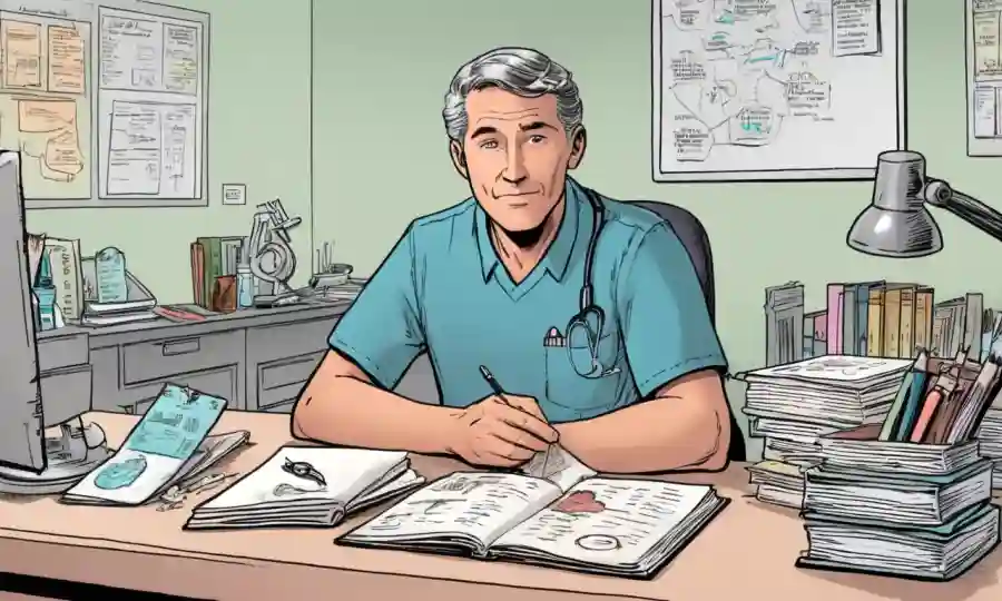 Una persona sentada en un escritorio con varios libros y notas médicas, preparándose para una consulta sobre infecciones fúngicas.
