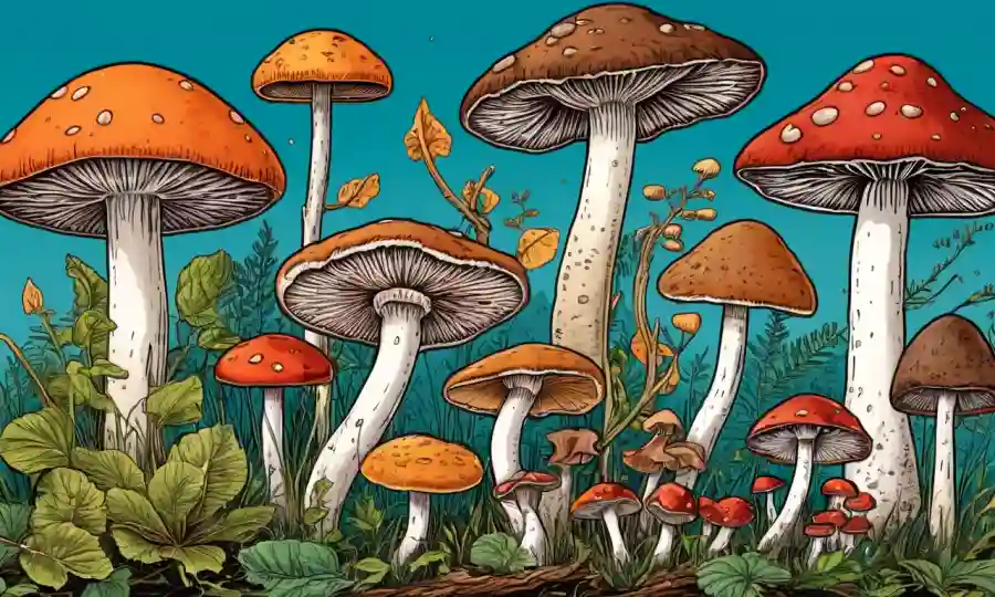 Una ilustración de hongos con etiquetas de clasificación y varias especies mostradas.