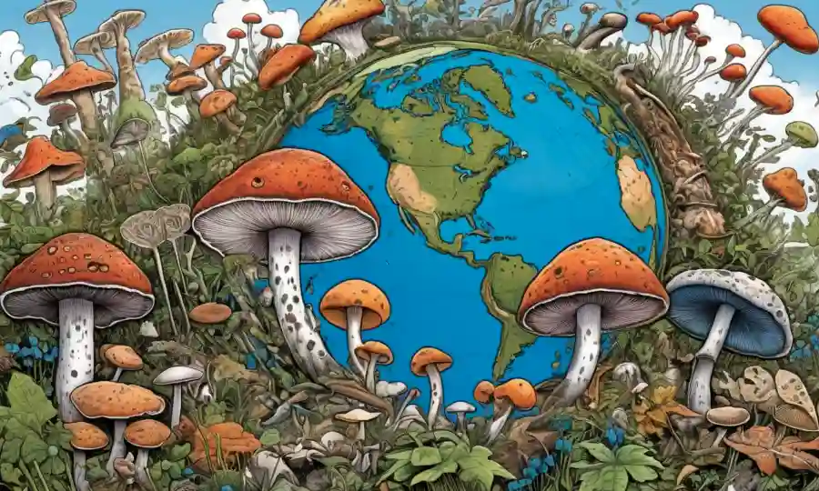 Ilustraciones de varias especies de hongos que rodean el globo, destacando la diversidad de la vida fúngica en la Tierra.