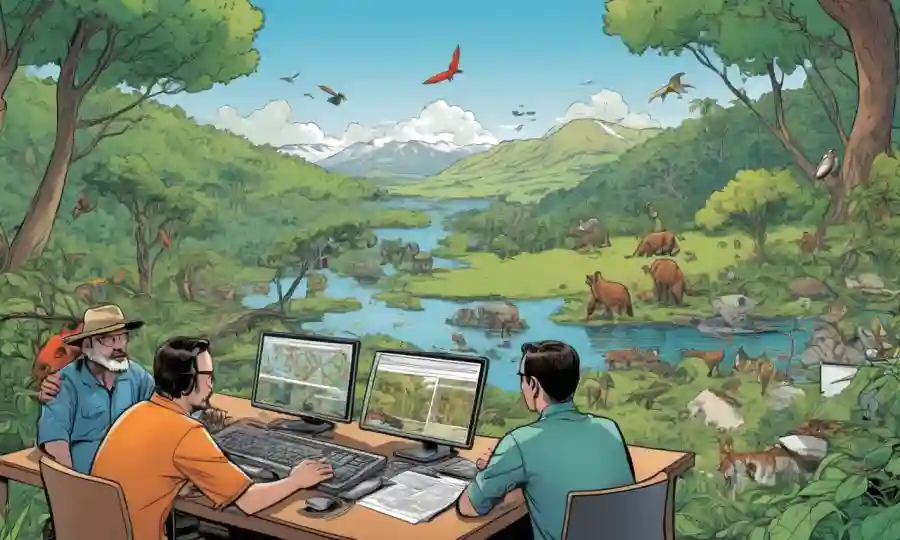 Fabricadores documentales que examinan tablas de clasificación de especies en computadoras rodeadas de visuales de naturaleza.