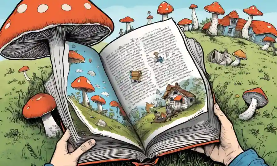Inspiradas ilustraciones que rodean a una persona leyendo un libro con citas literarias e interpretaciones artísticas.