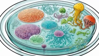 Microorganismos creciendo en un plato de petri en medio de un diagrama de proceso que destaca la producción de ácido glutámico de hongos.