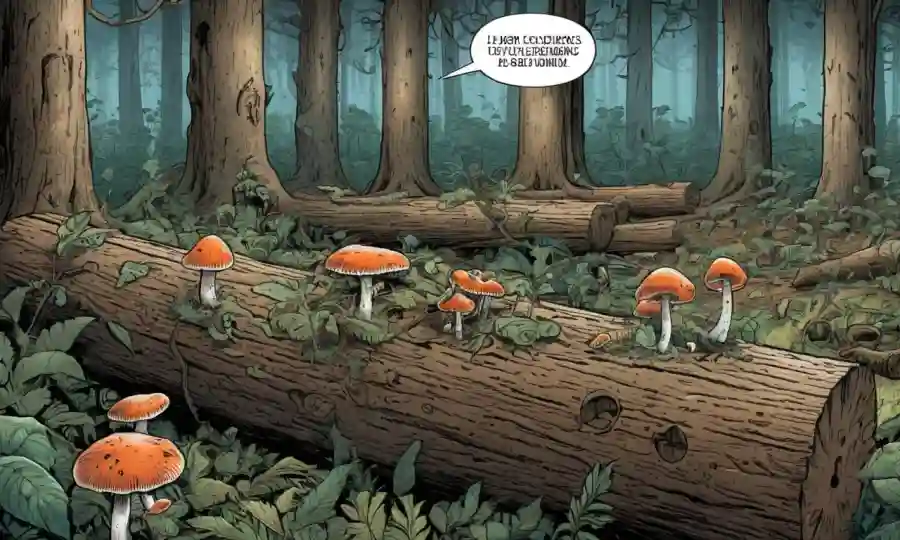 Fungi creciendo en troncos en un ambiente controlado, con sobrecapas de texto que describen el proceso de cultivo.