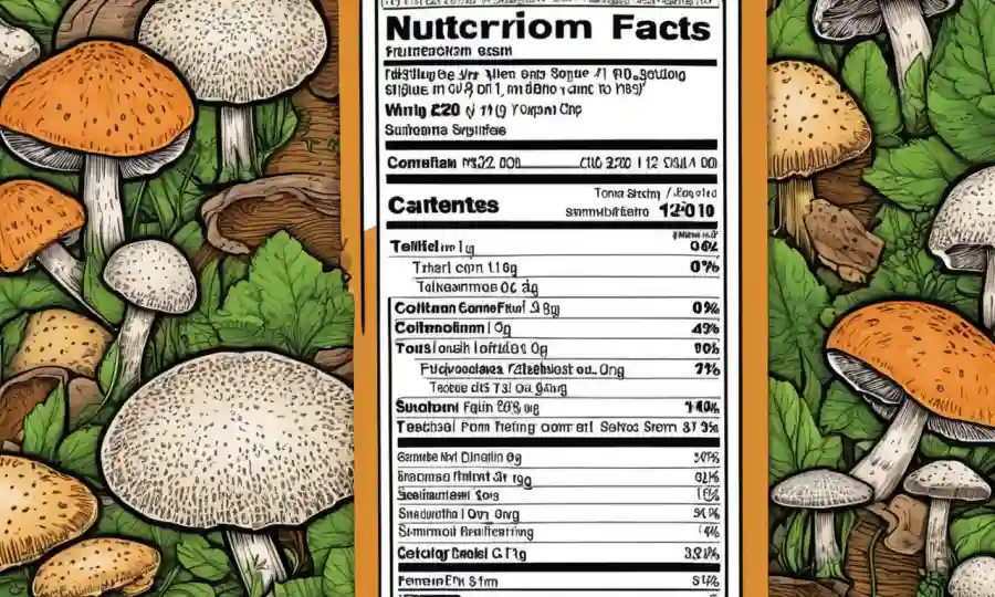Etiqueta de nutrición y hongos fungi mostrando propiedades de madera comestible.