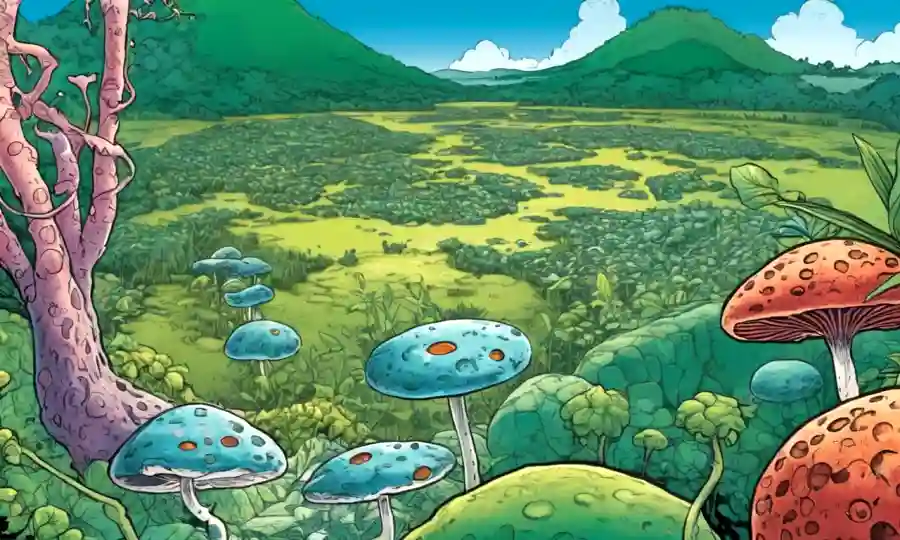 Imágenes microscópicas de hongos endofiléticos creciendo dentro de las células vegetales con productos farmacéuticos y paisajes naturales en el fondo.