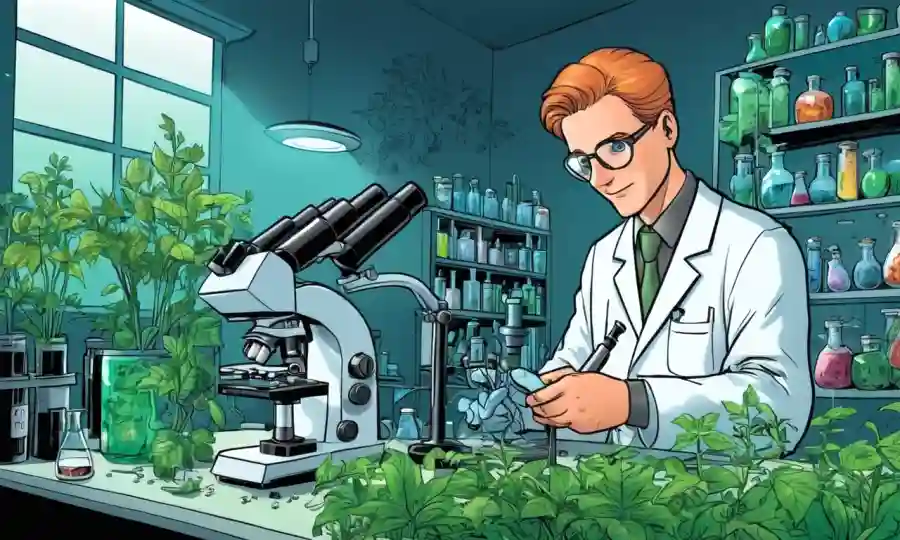 Científico en laboratorio con microscopios y tubos de examen de muestras de plantas.