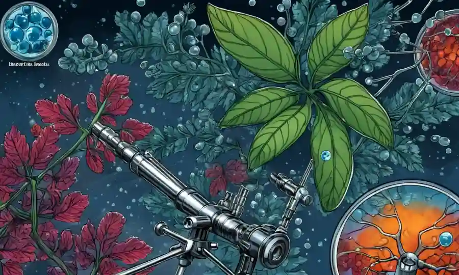 Imágenes microscopio de plantas y moléculas con estadísticas.