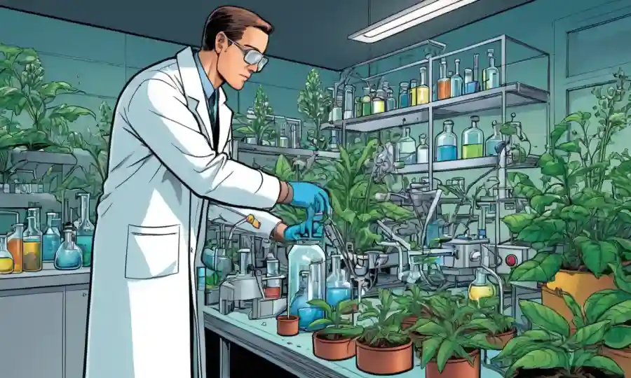 Un científico con un abrigo de laboratorio rodeado de diversos equipos de laboratorio y plantas que se extraen para compuestos farmacéuticos.