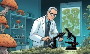 Un científico que examina los crecimientos fúngicos en un laboratorio con microscopio y equipo cerca.