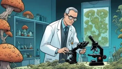 Un científico que examina los crecimientos fúngicos en un laboratorio con microscopio y equipo cerca.