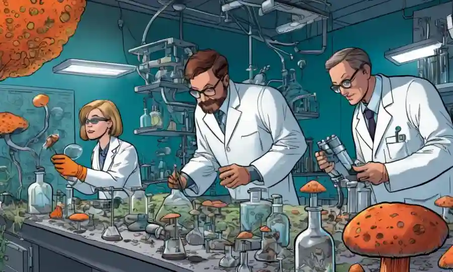 Científicos de diversos campos trabajando juntos en un laboratorio, rodeados de muestras y equipos de hongos.