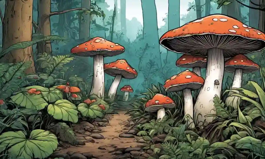 Setas que crecen entre plantas en un ecosistema forestal, destacando el papel que desempeñan en los ciclos de nutrientes.