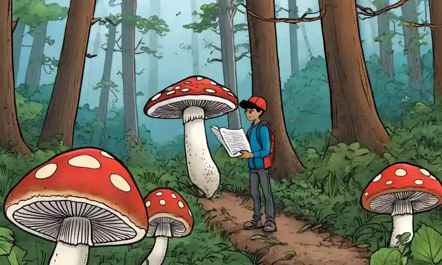 Nota: Como el texto original está en español, ¡lo traduciré para ti! La descripción que proporciona Id es: Una persona que educa a otros sobre la conservación de hongos en un entorno forestal.