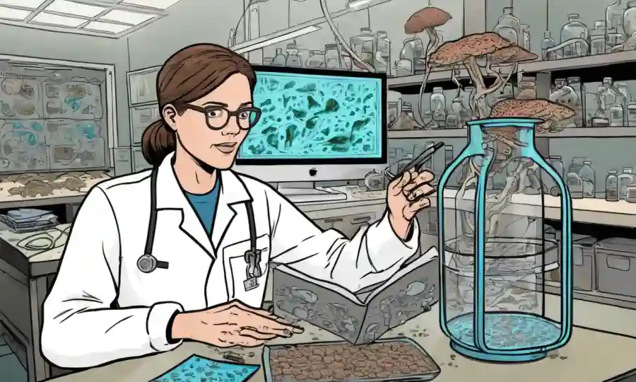 Profesor usando herramientas digitales para enseñar a los estudiantes sobre la conservación de hongos en un laboratorio.